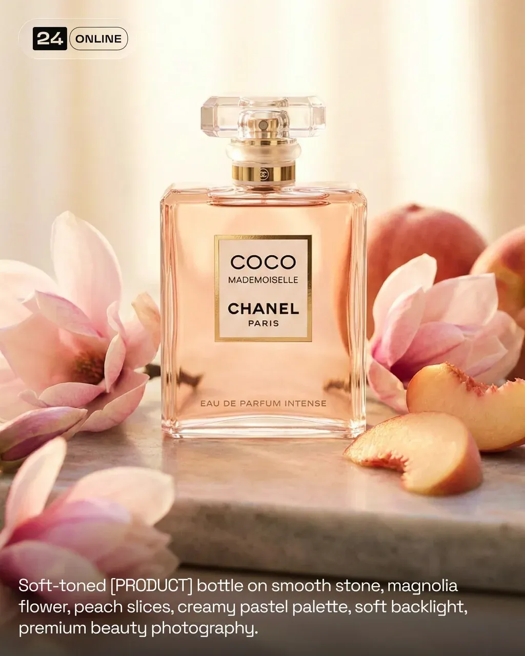 Soft-toned PRODUCT bottle on smooth stone, magnolia flower, peach slices,